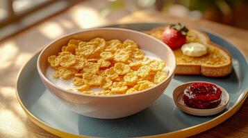 Breakfast, a bowl of cornflakes in milk, buttered toast and a plate of strawberry jam photo