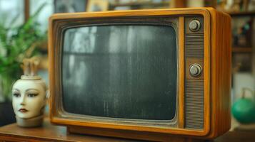 A close-up of a vintage TV set in a wooden frame photo