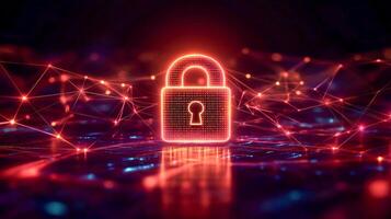 A luminous digital lock icon in an abstract network of interconnected lines and nodes photo