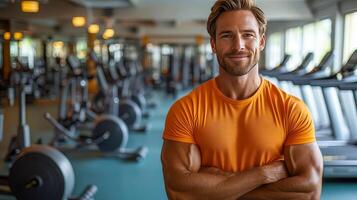 A male fitness instructor stands in front of a row of cardio machines photo
