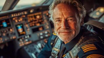 An airplane pilot in full uniform, smiling slightly, sitting in the cockpit of an airplane photo