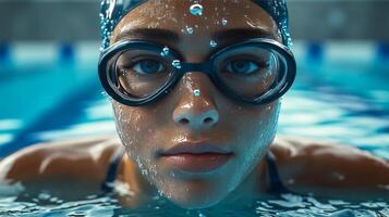 A swimmer with goggles and a cap in the pool photo