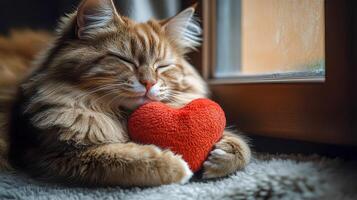 A fluffy cat on a plush rug, paws holding a red heart-shaped plush toy photo