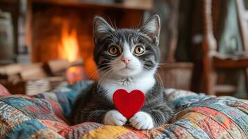 A cat with white paws sits on a blanket and holds a red heart in its paws photo