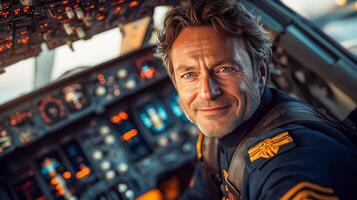 An airplane pilot in special uniform, smiling, sits in the cockpit of the plane photo