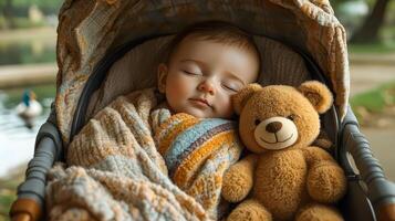 The baby sleeps in the stroller with a soft teddy bear by his side photo