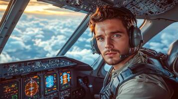 An airplane pilot in special uniform and headset sits at the controls of a commercial airliner photo