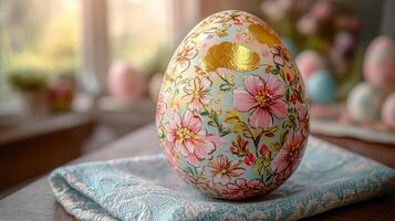 A decorated Easter egg rests on a napkin photo