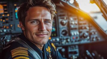 An airplane pilot sits in the cockpit of the plane and smiles photo