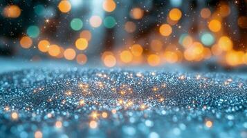 Abstract pattern of sparkling silver glitter on a blurred background with multicolored bokeh photo
