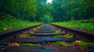 Close-up of railroad tracks running through a dense forest, with trees and foliage photo