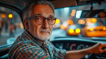 A cab driver sits behind the wheel of the car and drives through the city photo
