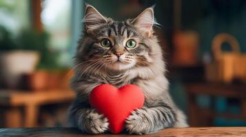 A fluffy gray cat holds a red heart in its front paws. photo