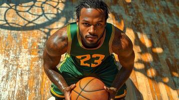 A basketball player in a green jersey holds a basketball with both hands photo