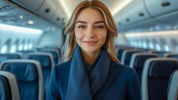 A friendly flight attendant in a dark blue uniform and scarf stands in the aisle of a modern airplane photo