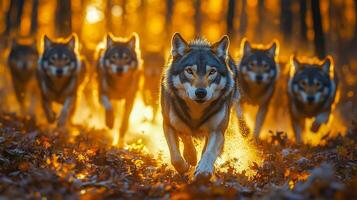 A pack of wolves running through a dense forest at dusk photo