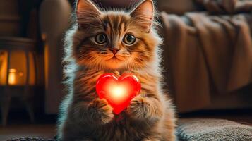 A fluffy orange cat sits upright, holding a glowing red heart in its front paws photo