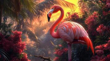 A pink flamingo sits on a tree branch with its long neck stretched out photo