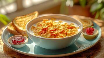 Breakfast of cornflakes in milk, toast with butter and jam photo