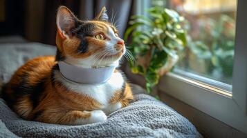 A cat wearing a veterinary collar is lying on a cat bed photo