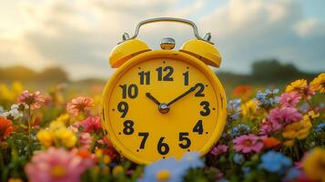 A yellow alarm clock with bold black numbers and a small bell on top of it photo