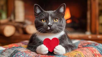 A cat with white paws is lying down and holding a red heart in its paws photo