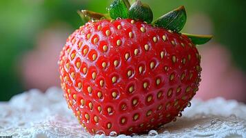 A close-up of a single strawberry lying on a delicate white lace doily photo