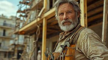 An elderly, experienced construction worker with a gray beard stands on a construction site photo