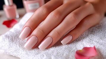 Close-up of elegant hands with fresh pink manicure photo