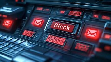 Digital illustration of an inbox filled with spam, showing a Block button photo