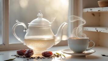 Elegant Glass Teapot with Tea and Dates on a Sunlit Window Sill.Elegant Glass Teapot with Tea and Dates on a Sunlit Window Sill. photo
