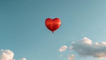 Red heart shaped balloon floating in blue sky with white clouds photo