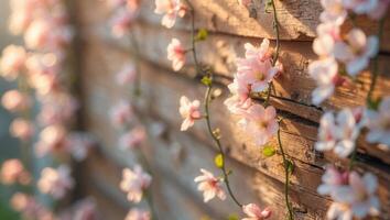 Sunlit Rustic Wood Wall with Climbing Vine and Blossoms.Sunlit Rustic Wood Wall with Climbing Vine and Blossoms. photo