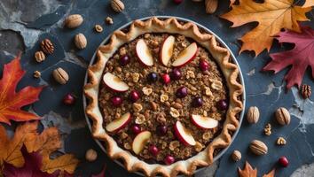Thanksgiving Day autumn crumble pie with ginger spice fruit on dark stone surface surrounded by autumn leaves and nuts photo