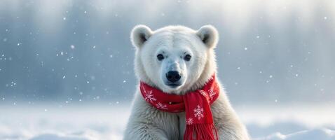 Cute polar bear with red scarf in snowy winter wonderland photo