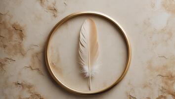 Elegant feather on textured beige surface with gold circular frame concept photo