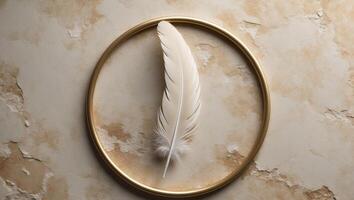 Elegant feather on textured beige surface with gold circular frame conceptElegant feather on textured beige surface with gold circular frame concept. photo
