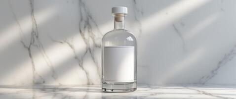 Elegant liquor bottle with blank label resting on marble surface photo