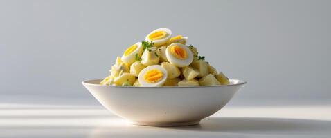 Potato salad with eggs and creamy dressing served in a white bowPotato salad with eggs and creamy dressing served in a white bow. photo