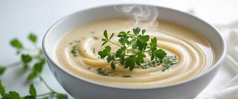 Warm and Inviting Bowl of Creamy Soup with Fresh Herbs GarnishWarm and Inviting Bowl of Creamy Soup with Fresh Herbs Garnish. photo