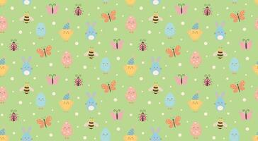 Seamless pattern with cute chicks, butterflies, bee, ladybug and Easter eggs on green background. vector