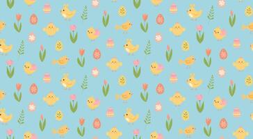 Seamless pattern with cute chicks, tulips and Easter eggs on blue background. vector