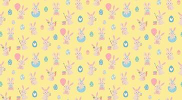 Seamless pattern with Easter eggs and cute bunnies on yellow background. vector