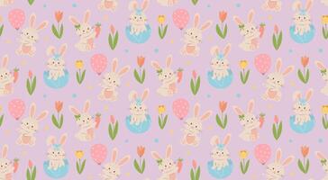 Seamless pattern with cute Easter bunnies and tulips on pink background. vector