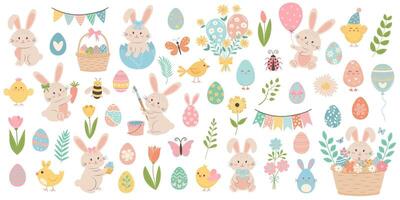 Cute easter set with rabbits, flowers, eggs, balloons, flags, basket and other. Spring pastel design elements for Easter. vector