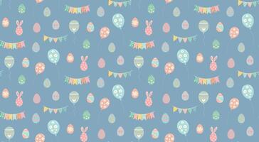 Seamless pattern with Easter eggs, flags and balloons on blue background. vector