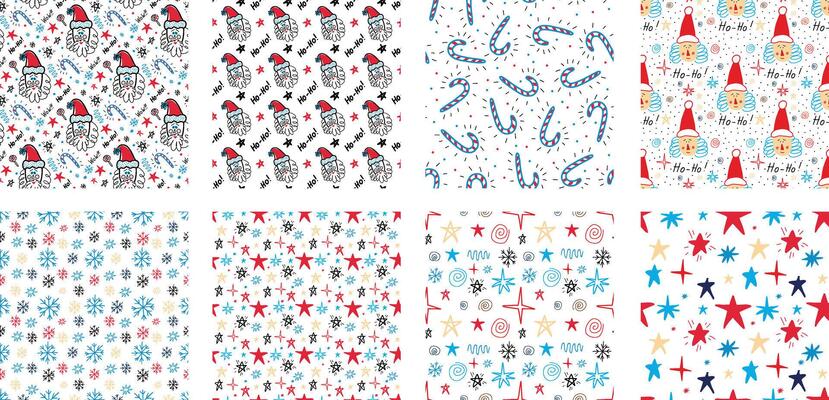 Collection of Christmas seamless patterns in the style of doodle
