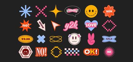 Trendy Y2K Futuristic Sticker Set with Funny Playful Graphics. Retro modern nostalgia elements like sparkle, star, face, text bubble, cross, peace sign, arrow in funky hipster groovy grunge 90s style. vector
