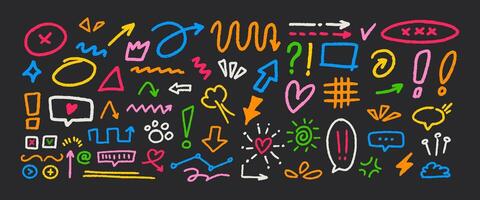 Hand-drawn doodle colorful arrows. Abstract scribble pencil drawn elements. Collection of arrow signs in different directions. vector