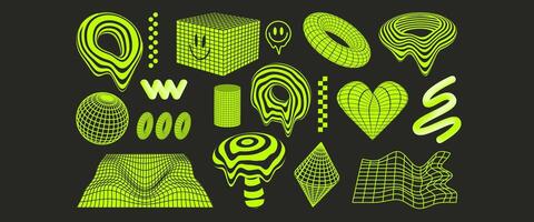 Collection of 18 trendy y2k neon green shape elements cyberpunk wireframes and grids, abstract background, 3d elements, trendy patterns in psychedelic acid rave style. vector